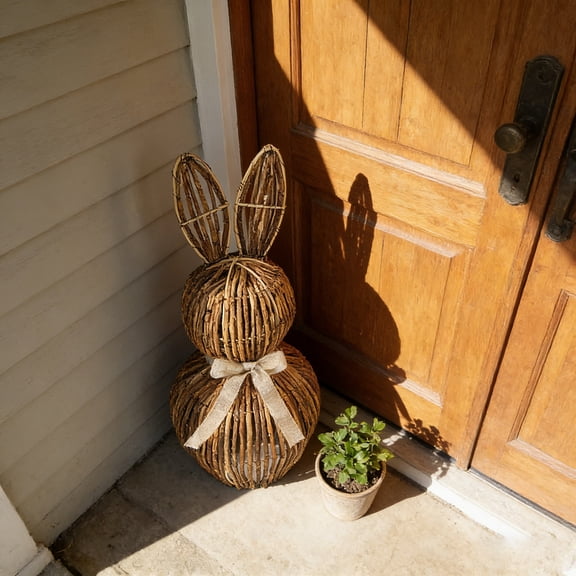 Rattan Woven Easter Bunny Decor Outdoor, Bunny Statue with Random Color Bow Rabbit Statue Farmhouse Easter Decorations Spring Decor (20×10Cm)