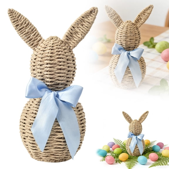 Rattan Woven Effect Bunny Figurine Resin Craft With Natural Looking Texture For Home Tabletop Mantle Shelf Garden Patio Indoor Outdoor Easter Festive Decor