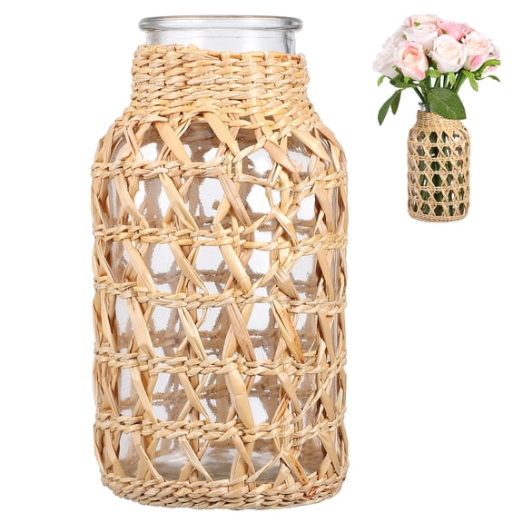 Amosfun Boho Rattan Vase for Flower Arrangements, Indoor Decorative , Stylish Home Decor Set for Living Room