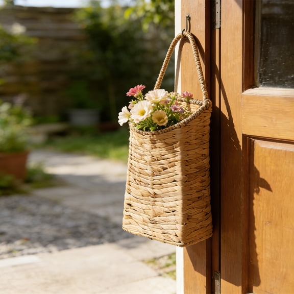 Rattan Woven Hanging Front Door Basket – Water Hyacinth Planter, Rustic Farmhouse Decor for Easter, Outdoor Wall Organizer for Flowers,AS SHOWN