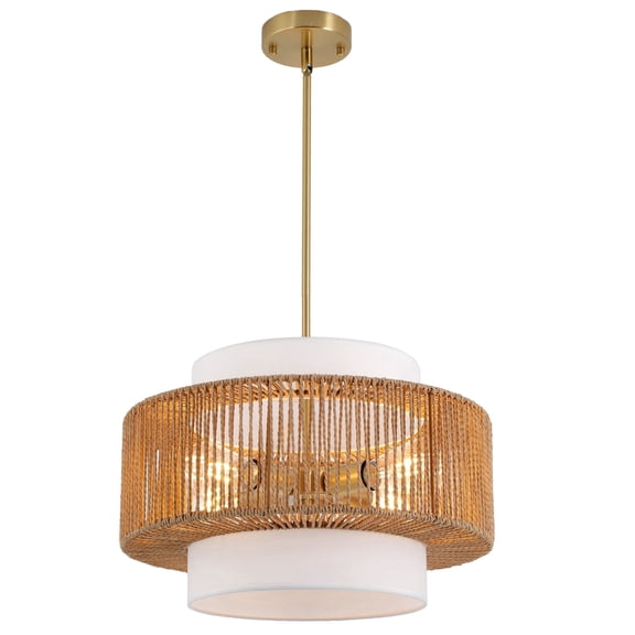 Slirea 4-Light Rattan Woven Pendant Light, 17.7-Inch 3-Tier Drum Shade, Gold and Off-White, E26 Sockets