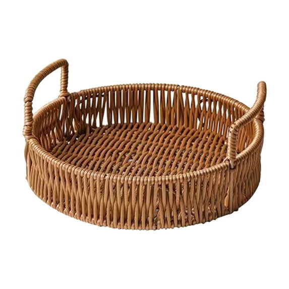 Rattan Woven Round Basket, Round Rattan Woven Serving Tray with Handles for Bread Fruit Vegetables, Restaurant Serving & Tabletop Display Baskets for Serving Food, Crackers, Snacks