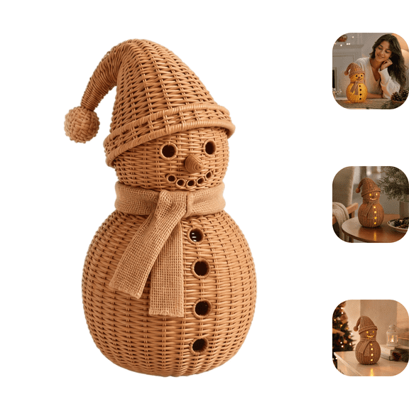 Rattan Woven Snowman Christmas Tabletop Light, Warm Glow Indoor Christmas Snowman Statue with Burlap Scarf, Rustic Farmhouse Xmas Decor for Entryway Side Table