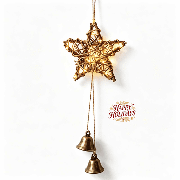 Rattan Woven Star LED Hanging Ornament with Metal Bells, Warm Light Five-point Star Wall Hanging Decor, Rustic Farmhouse Window Door Pendant for Christmas, Wedding, Indoor Home Holiday Decoration