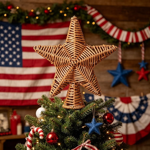 Rattan Woven Star Tree Topper Boho Decoration 22x20x5.5cm, Handwoven Natural Brown Rattan for Christmas Tree, Lightweight Rustic Farmhouse Holiday Ornament