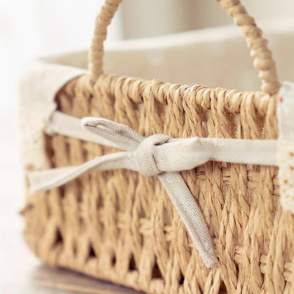 Rattan Woven Storage Basket with Flat Base, Multi Purpose Clothing Laundry Organizer Bin, Snack Candy Serving Tray for Desktop Bedroom Living Room Home Storage, B