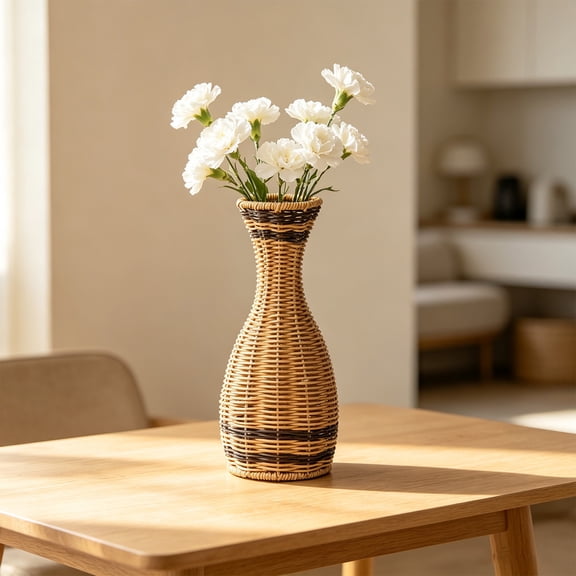 Rattan Woven Style Flower Vase, Vintage Bohemian Decorative Vase, Plastic European Roman Style Vase For Home Decor, 11.4x4.7x4.7 Inch