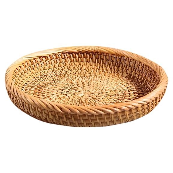 Rattan Woven Tray, Handwoven Bread Basket, 7.1 in / 18 cm Decorative Round Bowl, Shallow Candy Dish, Natural Wicker Basket Tray, Versatile Serving Catch All Dish for Fruit, Snacks, Tan