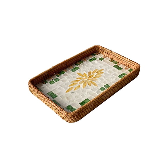 Rattan Woven Tray with Seashell Decor | Storage Basket for Living Room, Dining Table, or Picnics | Holds Keys, Remote, Jewelry, Snacks, and Dried Fruit | Natural Home Decor Organizer