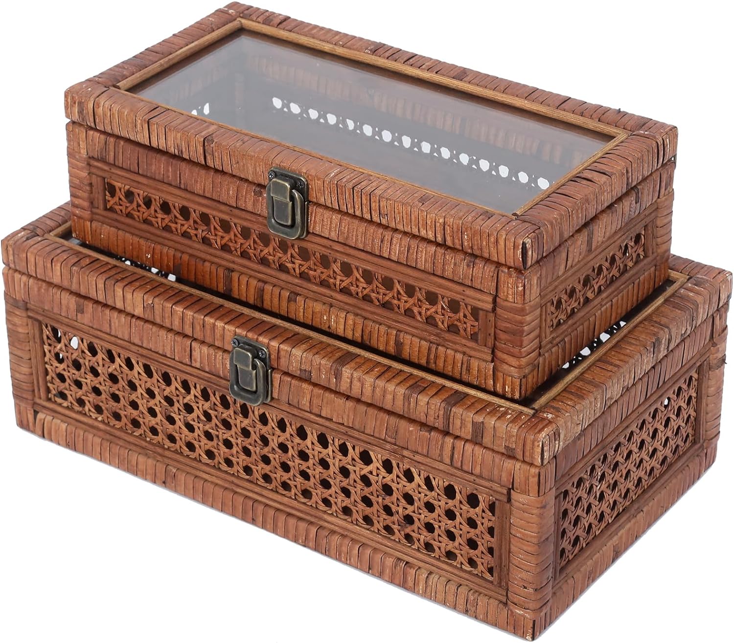 Rattan and Cane Stacking Boxes with Glass Top Lid - Set of 2 11.8