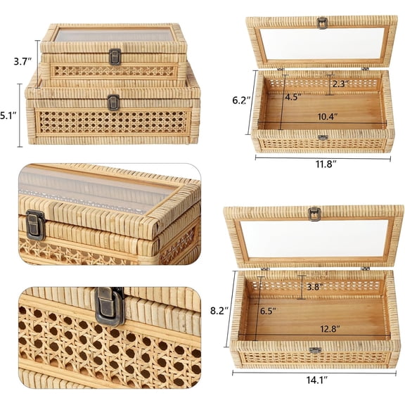 Rattan and Cane Stacking Boxes with Glass Top Lid - Set of 2 for Boho, and Rustic Farmhouse Decor