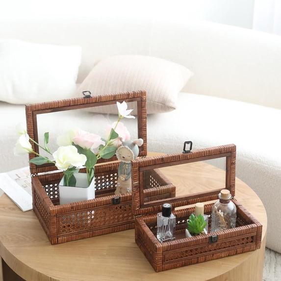 Rattan and Cane Stacking Boxes with Glass Top Lid - Set of 2 for Rustic Farmhouse Decor