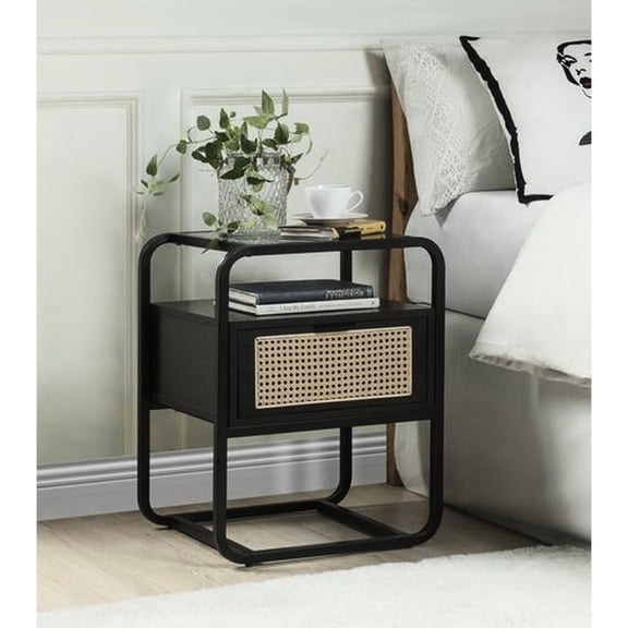 Rattan insert and synthetic wood / 10lbs weight limit on the shelf for light things