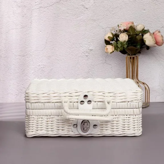 Rattan-like Finishing Box Woven Rattan Basket Retro Storage Box Decorative Props Suitcase with Hand Gift Box