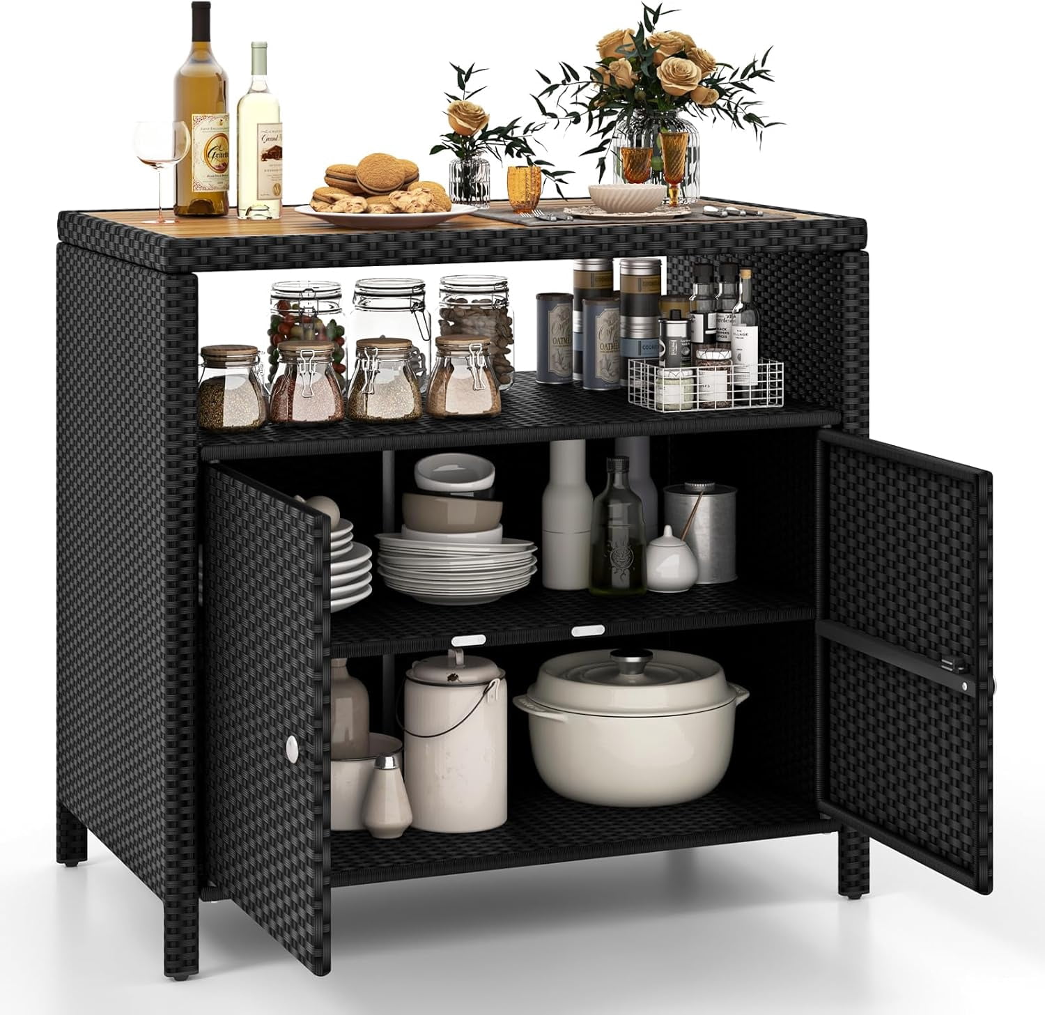 Rattan storage cabinet, patio sideboard buffet cabinet with acacia wood ...