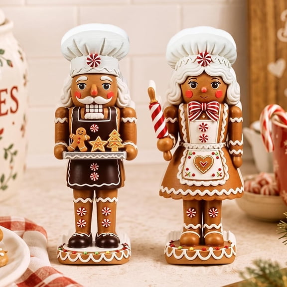 RattanView 2 Pcs Wooden Christmas Gingerbread Couple Decor 5.91 Inch Nutcracker Figurines Set for Xmas Holiday Kitchen Office Home Tabletop Table Centerpiece Tiered Tray Decoration