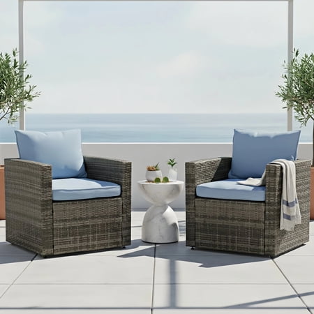 Rattania 2 Piece Light Gray Wicker Outdoor Chairs with Light Blue Cushions (2-Pack)