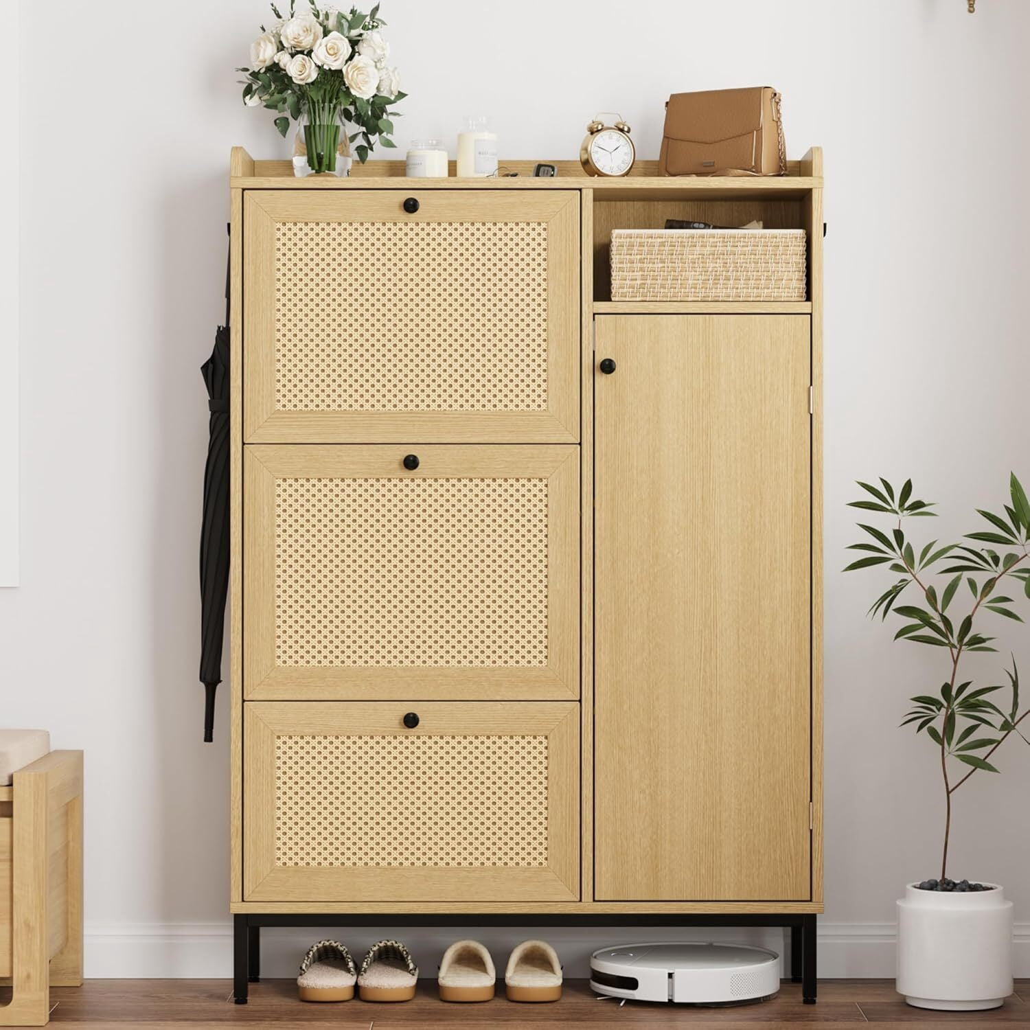 Shoe Storage Cabinet With 3 Flip Drawers & Adjustable Shelves - Slim Hidden Shoe Organizer For Entryway, Hallway