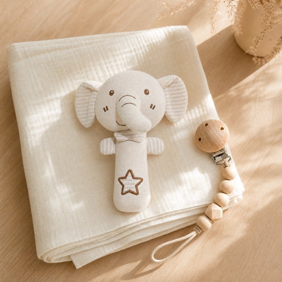 Rattle Teething Toy Organic Cotton Soft Elephant Stuffed Sensory Hand Rattle 5.5 inch 1 Pack BPA Free Chewable Newborn Calming Soothing Toy for 0-12 Months Infant Toddler Shower Birthday Gift