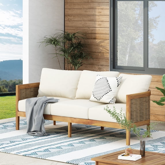 Rattler Acacia Wood and Round Wicker Outdoor 3 Seater Sofa with Cushions, Teak, Mixed Brown, and Beige