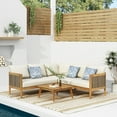 thumbnail image 1 of Rattler Acacia Wood and Round Wicker Outdoor 5 Seater Sectional Sofa Chat Set with Cushions, Teak, Mixed Brown, and Beige, 1 of 14