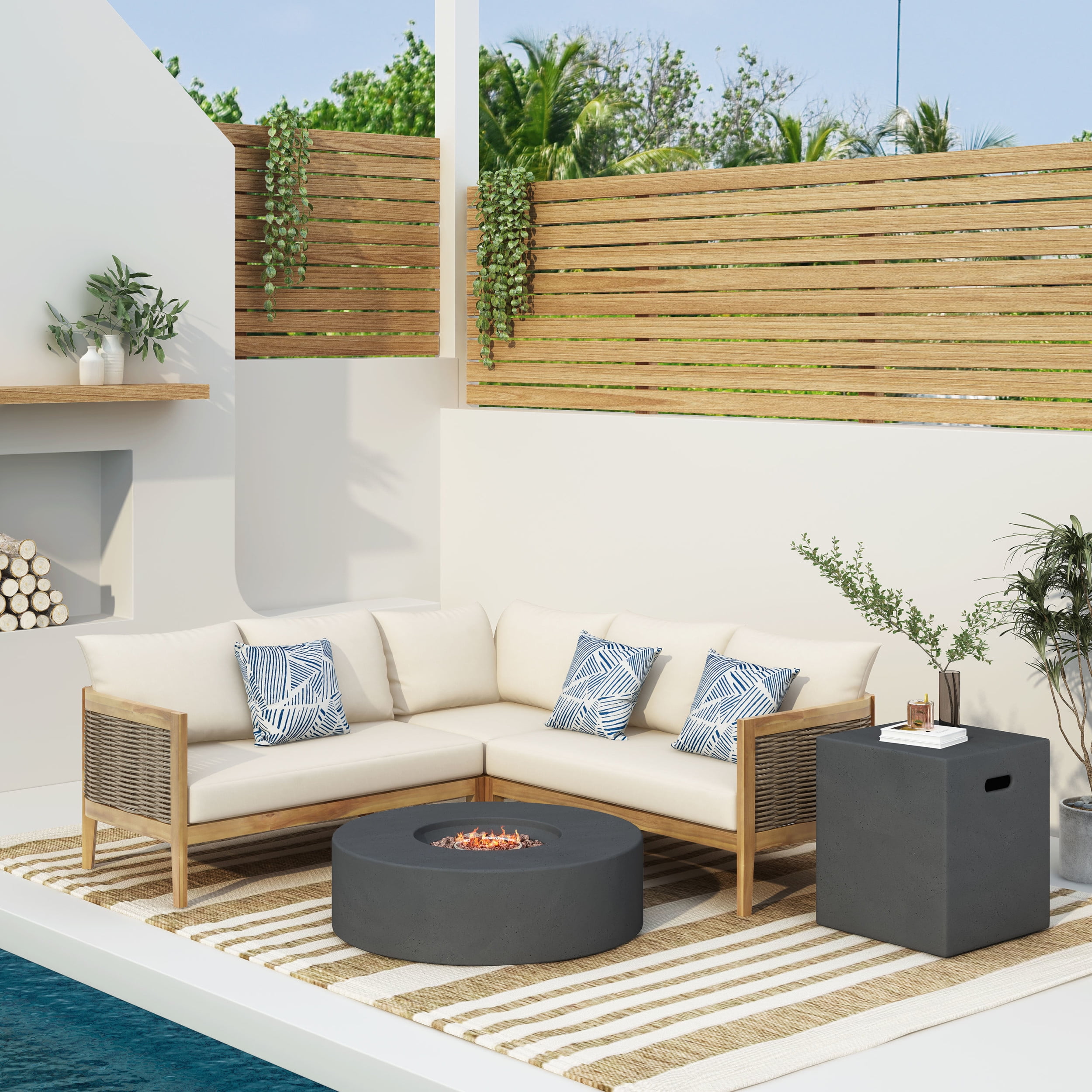 Rattler Outdoor Acacia Wood and Round Wicker 5 Seater Sectional Sofa Chat Set with Fire Pit, Teak, Mixed Brown, Beige, and Dark Gray