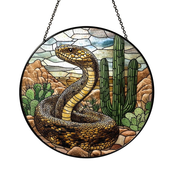 Rattlesnake Desert Stained Glass Suncatcher Window Hanging, Cactus Landscape Stained Glass Style Window Decor, Wild Snake Animal Art Sun Catcher Ornament, Nature Desert Window Decoration