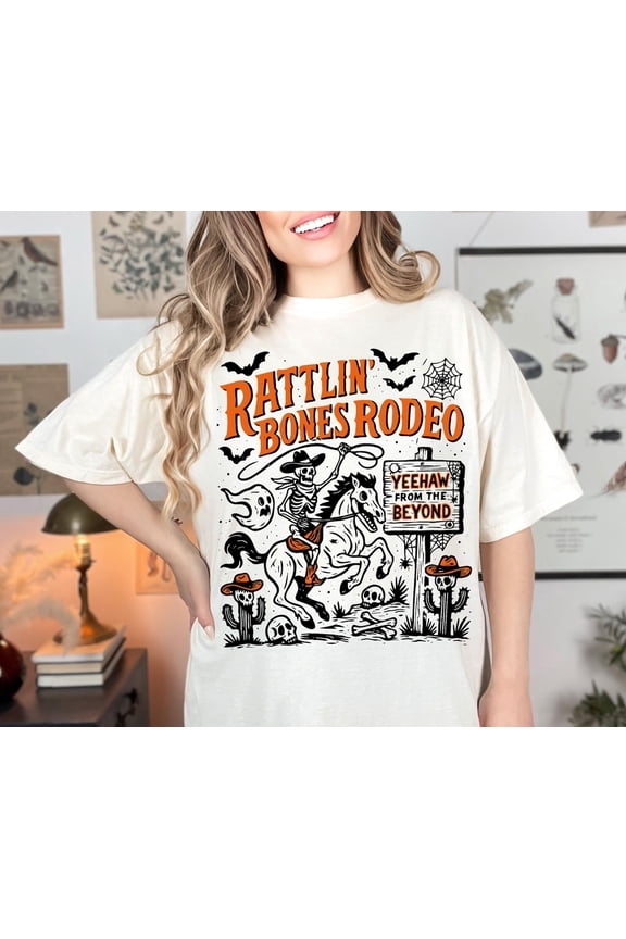 Rattlin' Bones Rodeo Shirt, Skeleton Cowboy Halloween Lasso Ride Shirt, Funny Western Spooky Cactus Horse Shirt, Retro Fall Shirt