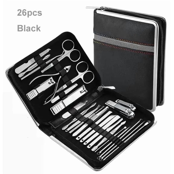 Rattygan Style 26-Piece Manicure & Pedicure Set with Travel Case Stainless Steel Nail Clipper Grooming Kit for Men & Women, Black
