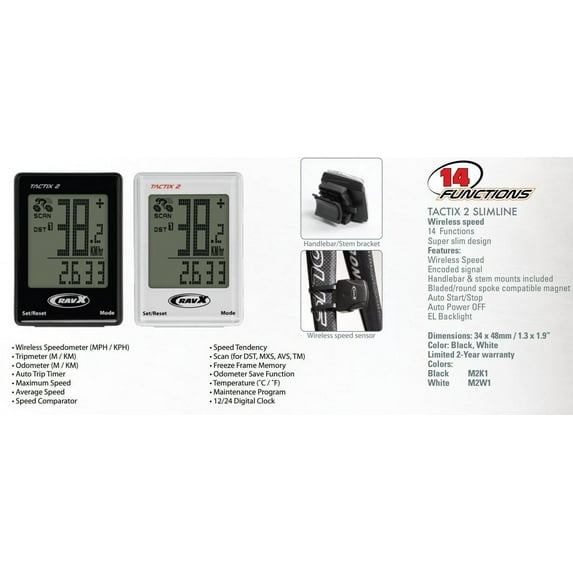 RavX Tactix 2 /14-Function Wireless Cycling Computer /Speed,Cadence, LCD/ Black