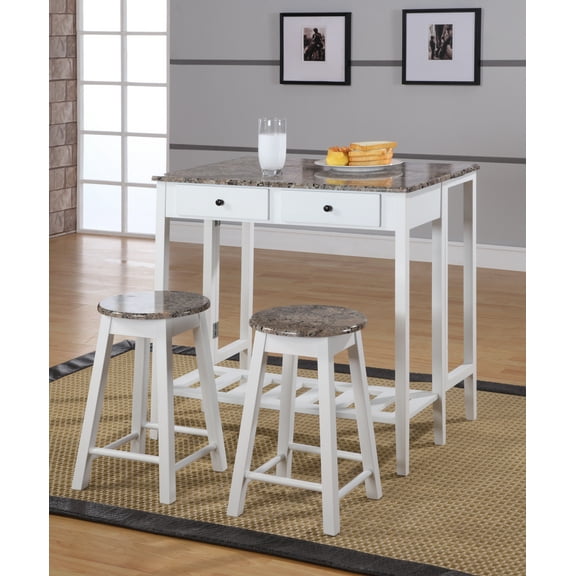 Rave 3-Piece White & Marble Top Wood Contemporary Kitchen Dinette Breakfast Pub Set (Folding Drop Down Table, 2 Stools, 2 Storage Drawers)