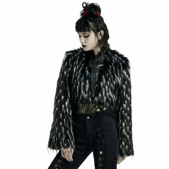 Rave Goth Dark Plush Faux Fur Coat, Black - Medium