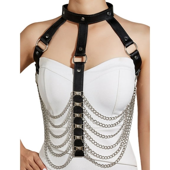 Rave Leather Chest Body Chains Punk Harness Waist Chain Belt Lingerie Body Cage Straps Nightclub Party Harter Bra Top Fashion Layered Chain Jewelry Accessories Outfits
