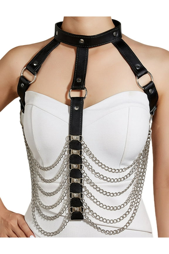 Rave Leather Chest Body Chains Punk Harness Waist Chain Belt Lingerie Body Cage Straps Nightclub Party Harter Bra Top Fashion Layered Chain Jewelry Accessories Outfits