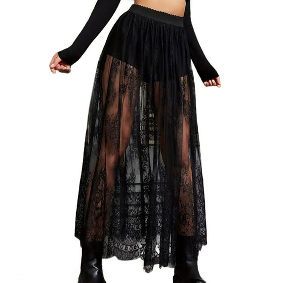 Rave Outfits for Women Sheer Skirt Festival Clubwear Mesh High Waist A Line Maxi Skirt Black XL