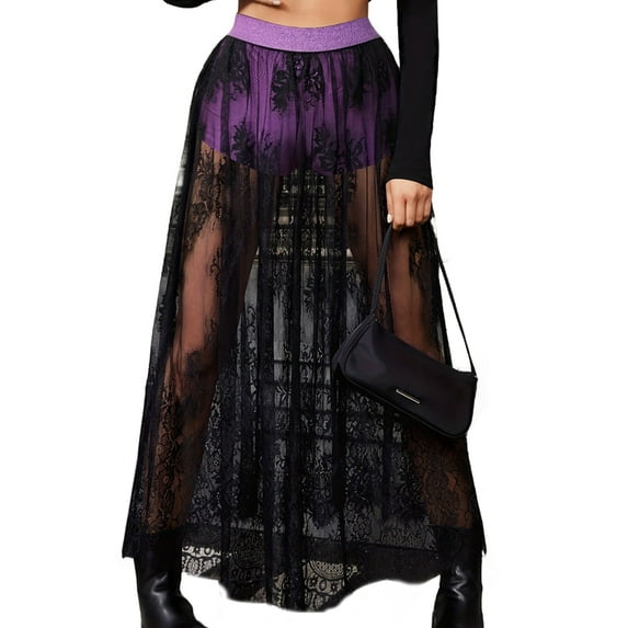Rave Outfits for Women Sheer Skirt Festival Clubwear Mesh High Waist A Line Maxi Skirt XL