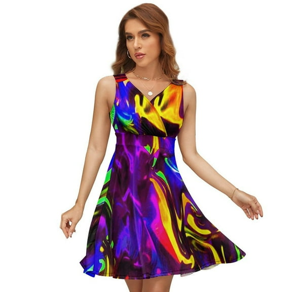 Rave Rainbow of Glow Stick Fire Dress Summer Street Style Dresses Female Sleeveless Printed Sundress