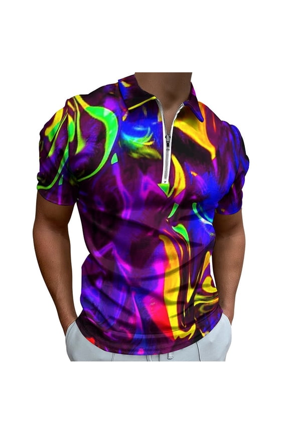 Rave Rainbow of Glow Stick Fire Men Zipper T-shirt Summer Casual Short Sleeve T-shirt Top