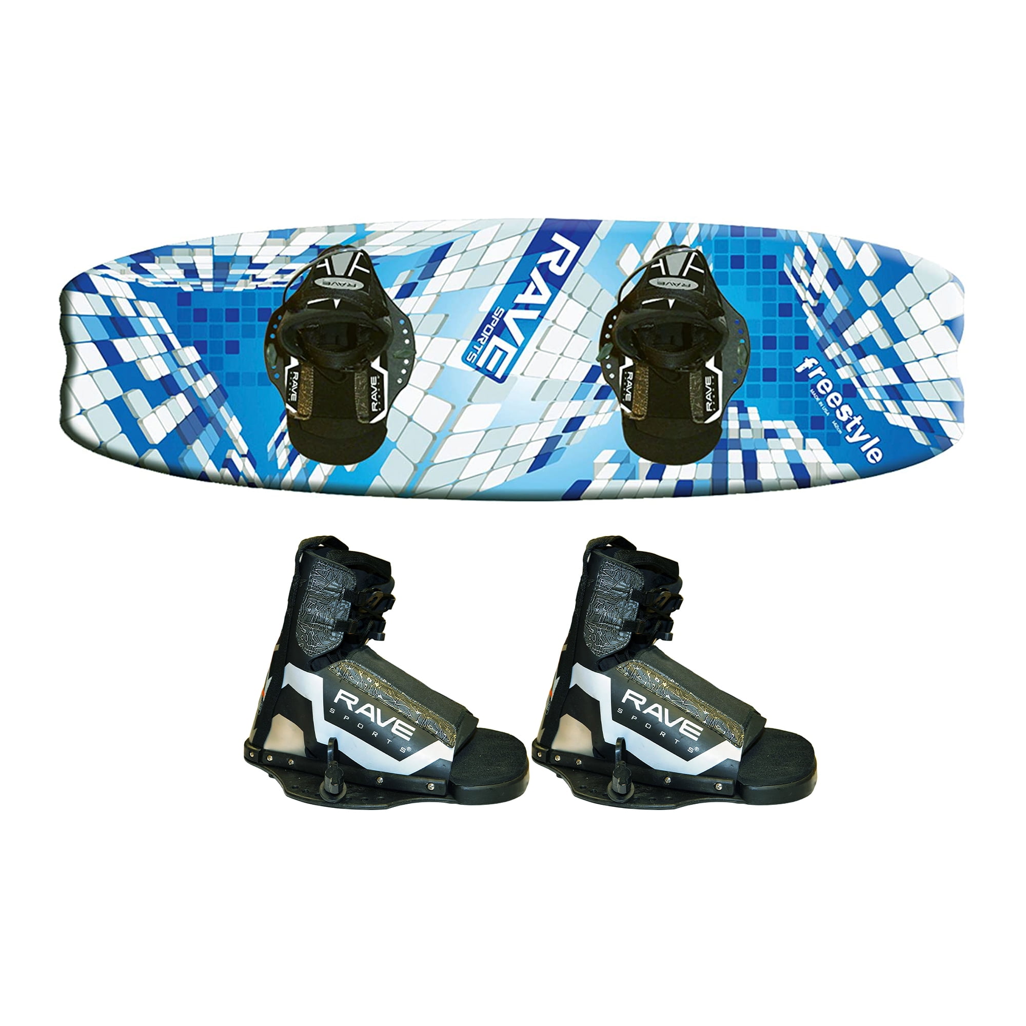 Rave Sports Adult Freestyle Wakeboard with Striker Boots and Bindings, Blue