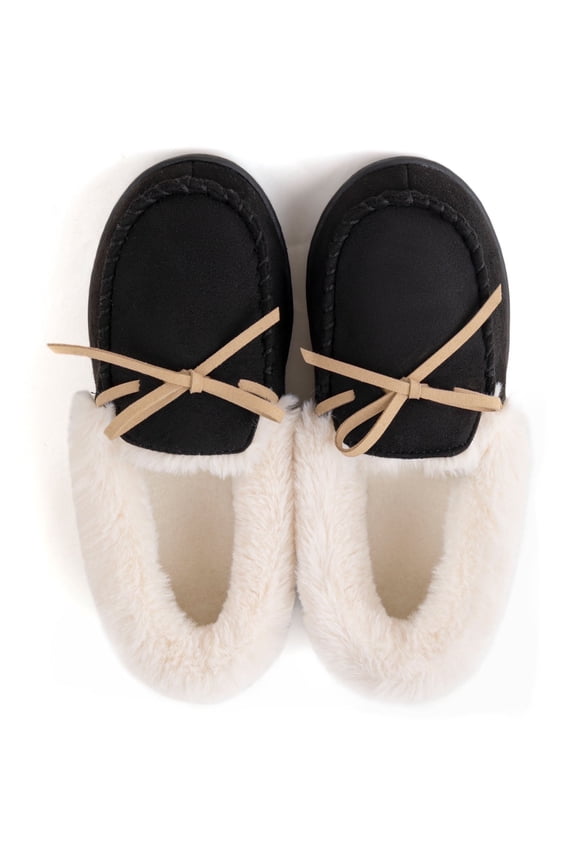 Women's Classic Glittered Moccasin Slippers, Black, Size 7