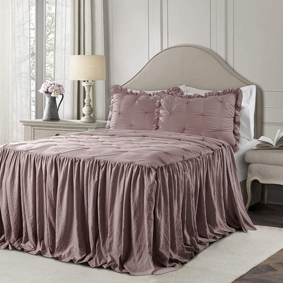 Ravello Pintuck Ruffle Skirt Bedspread Set - Luxe 3 Piece Ruffled Bedding Set - Traditional Glam & Farmhouse Inspired Bedroom Decor - King, Woodrose