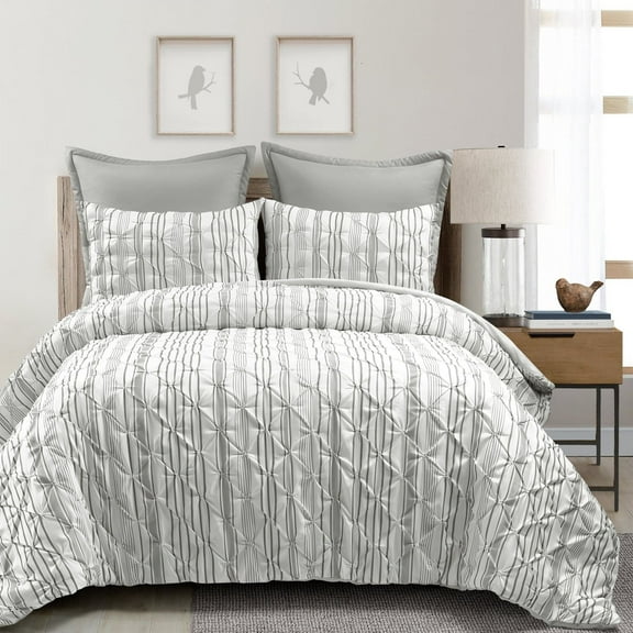 Ravello Pintuck Stripe Comforter Gray 5Pc Set Full/Queen