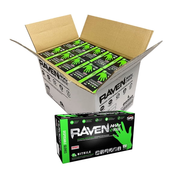 Raven 66550 Nitrile Exam Gloves, 7 mil, Powder-Free, Hi-Viz InVue, Extra Strength, Size S, 100 Gloves/Box, 10 boxes/case