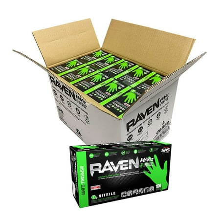 Raven 66552 Nitrile Exam Gloves, 7 mil, Powder-Free, Hi-Viz InVue, Extra Strength, Size L, 100 Gloves/Box, 10 boxes/case