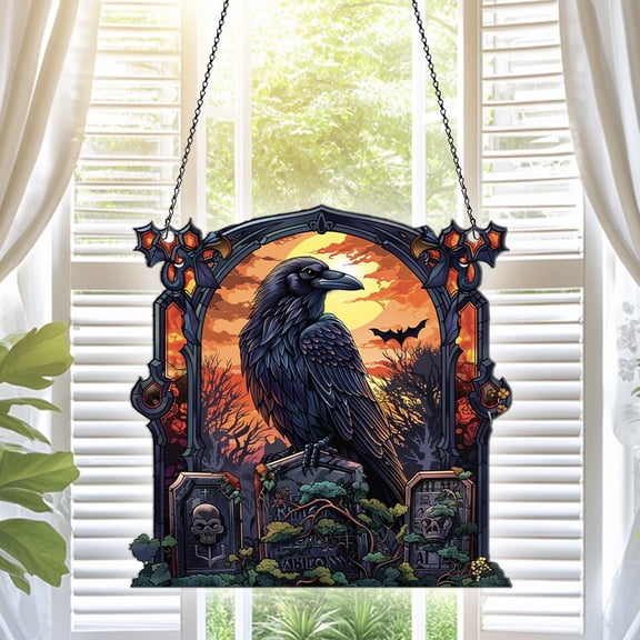 Raven Acrylic Suncatcher Window Hanging, Raven Ornaments, Raven Decor, Raven Gifts For Women Men, Raven On Gravestone Halloween Decorations