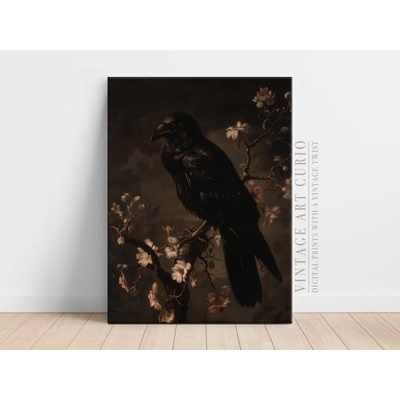Raven And Cherry Blossom Gothic Print, Moody Victorian Wall Art Home Decor #2707, 12x18 UNFRAMED