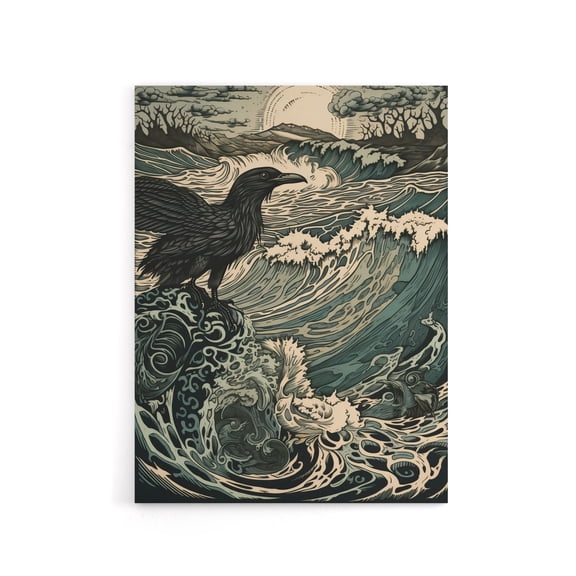Raven And Crashing Waves Seascape Canvas Wall Art Print 18X24"