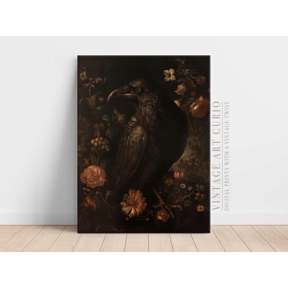 Raven And Floral Gothic Print, Dark Victorian Home Decor Home Decor #2677, 12x18 UNFRAMED