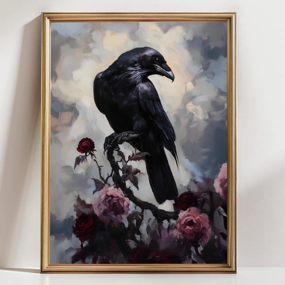 Raven And Roses Art Print Gothic Bird Wall Decor Dark Floral Crow Poster Mystical Nature Painting Romantic Raven Artwork Art