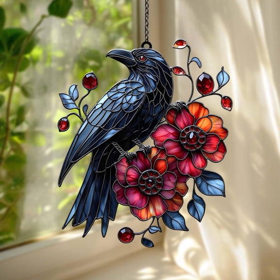 Raven And Ruby Flowers Acrylic Suncatcher Gothic Faux Stained Glass Crow Window Hanging, Dark Cottagecore Gift For Witchy Home